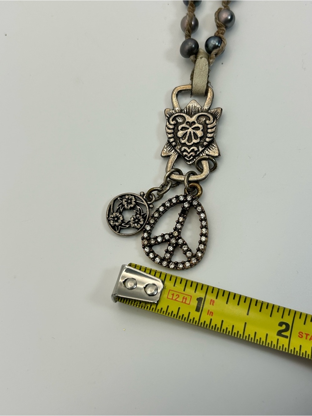 Lucky Brand Vintage Peace Sign Charm Necklace Macrame Beaded Antiqued Bronze 22" - Picture 11 of 15
